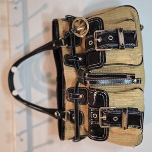 Michael Kors Tan n Black Patent Leather n Faux Straw M/L Drawstring Bucket Bag